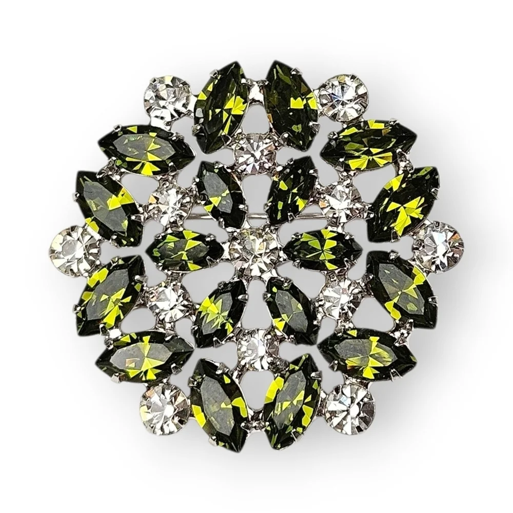 Vintage Rhinestone Flower Brooch Green White Rhodium Plated Snowflake B David